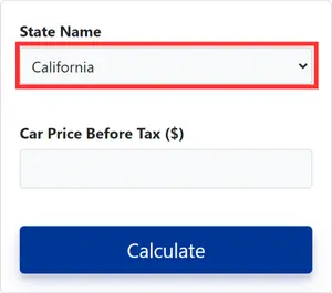 Car Sales Tax Calculator interface with state name input fields