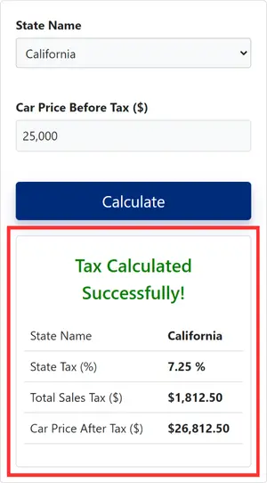 Car Sales Tax Calculator interface with output result